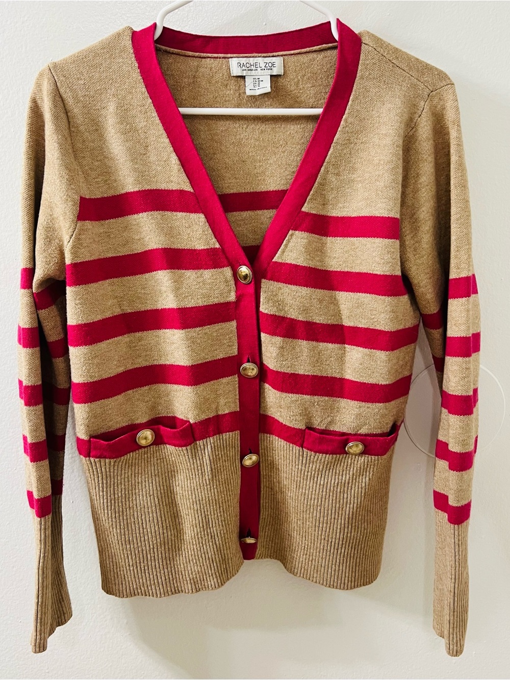 Rachel Zoe Camel and Fuchsia Striped V-Neck Cardigan with Gold Buttons